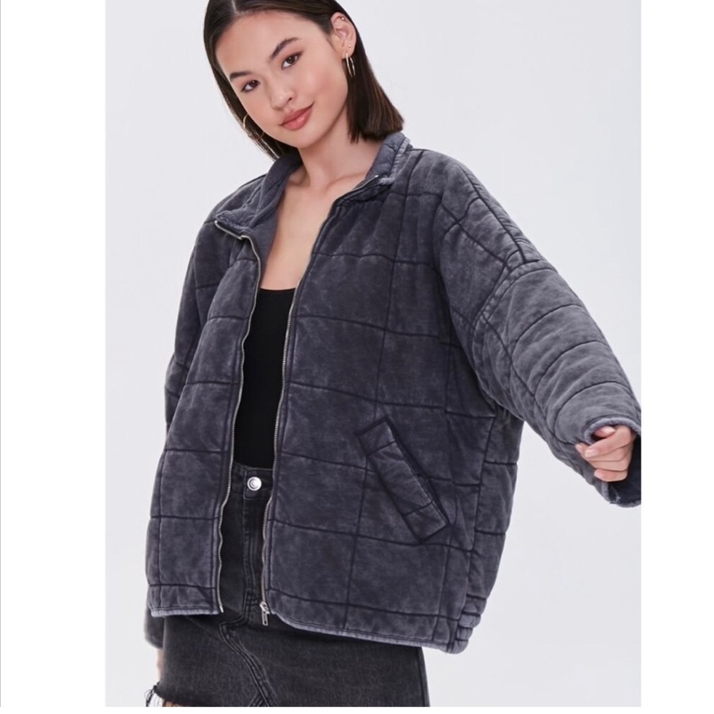Forever 21 Quilted Zip-Up Jacket Charcoal size small